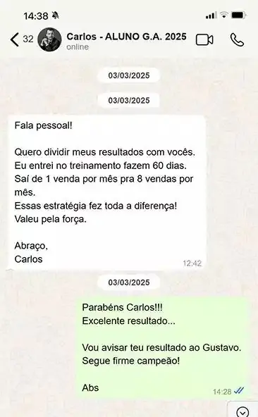 Print do WhatsApp do aluno Carlos
